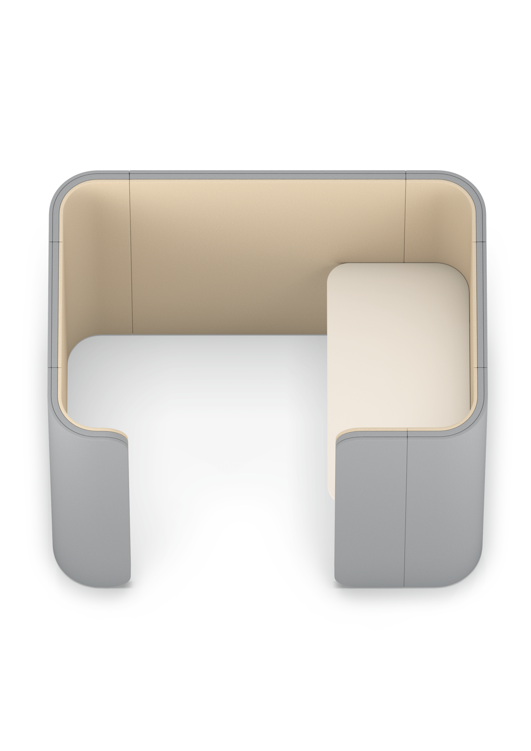 se:hive – Bench-Arbeitsplatzsystem – Büromöbel mit geschwungenen Wänden, grauer Außenfarbe und beige Innenverkleidung, bietet einen Arbeitsplatz mit Tisch.