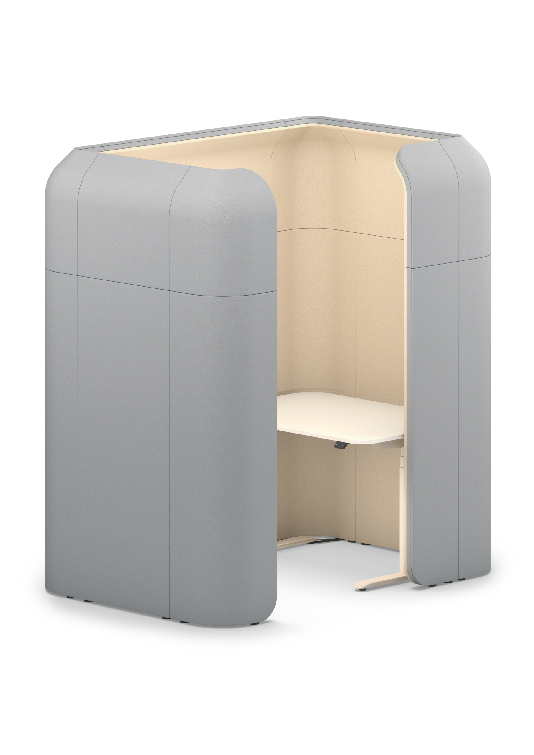 se:hive – Bench-Arbeitsplatzsystem – Raumakustische Telefonbox in Grau mit hellen Innenseiten und einem fest montierten Tisch.