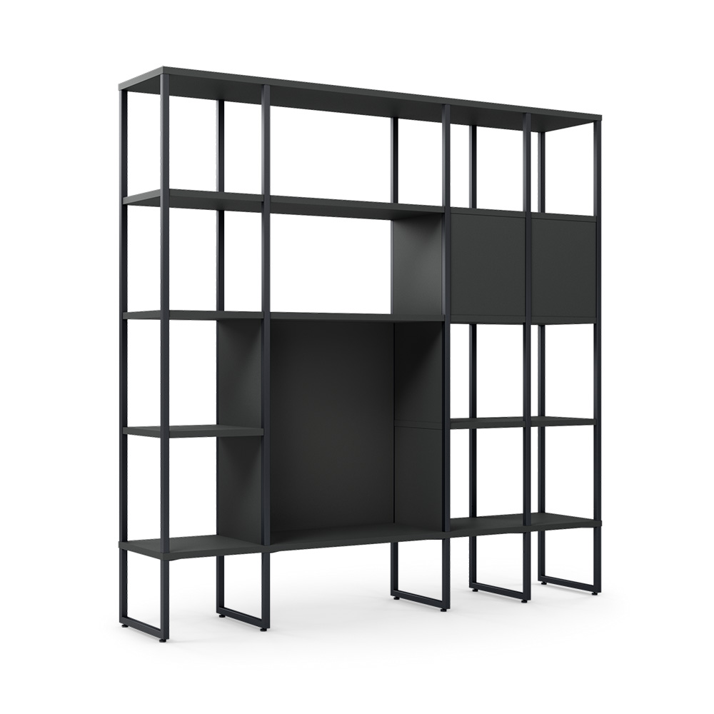 se:matrix – Regalsysteme – Schwarzes Regal mit offenen und geschlossenen Fächern, rechteckige Form, Metallgestell, moderne Gestaltung.