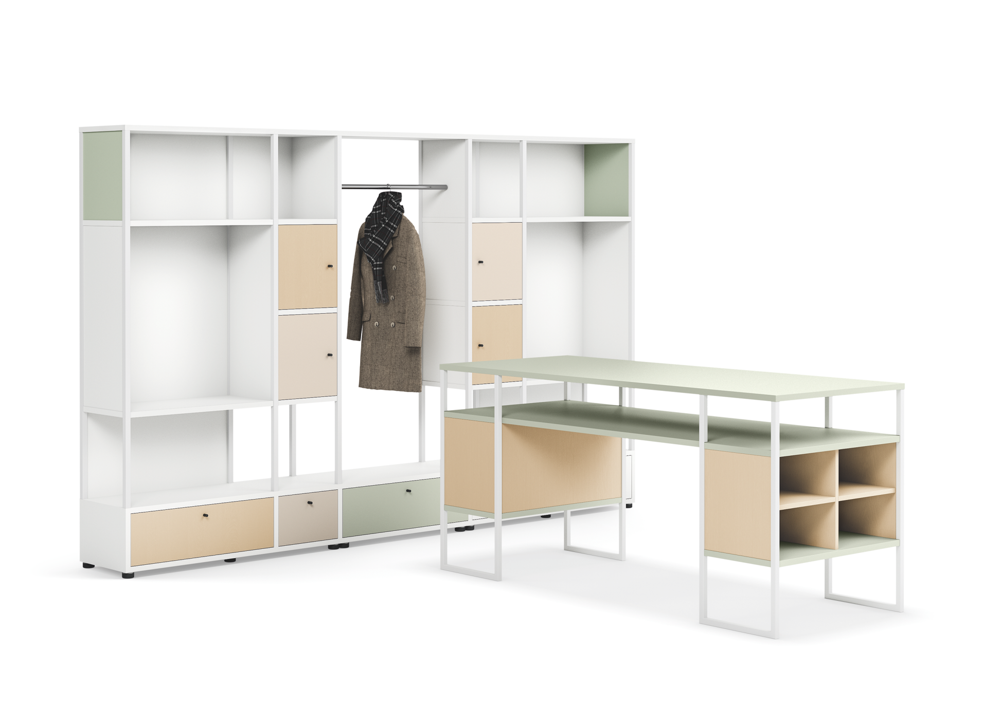 se:matrix – Regalsysteme – Modulares Möbelset mit einem offenen Regal und einem Schreibtisch. Regale in Weiß mit Akzenten in Grün und Beige.