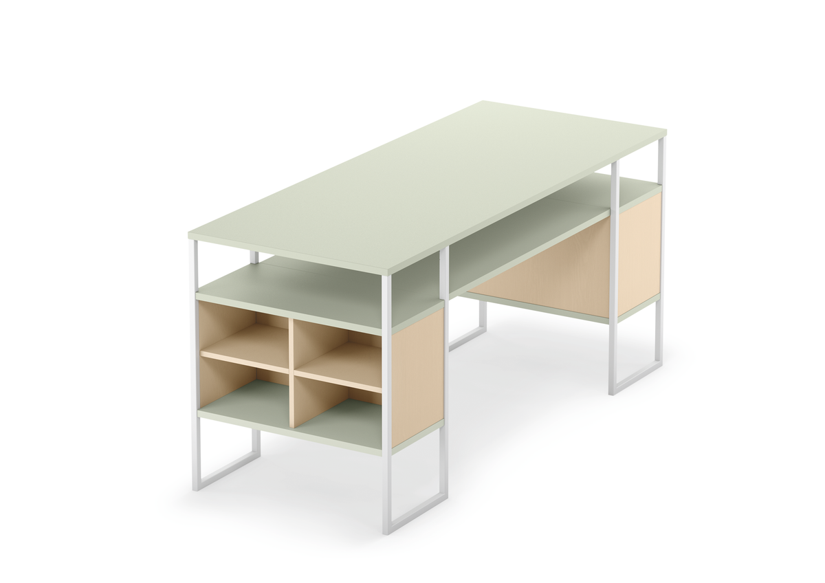 se:matrix – Regalsysteme – Moderner Schreibtisch mit mintgrünem Tischblatt und beige-furnierten Seitenwänden, auf Metallgestell.