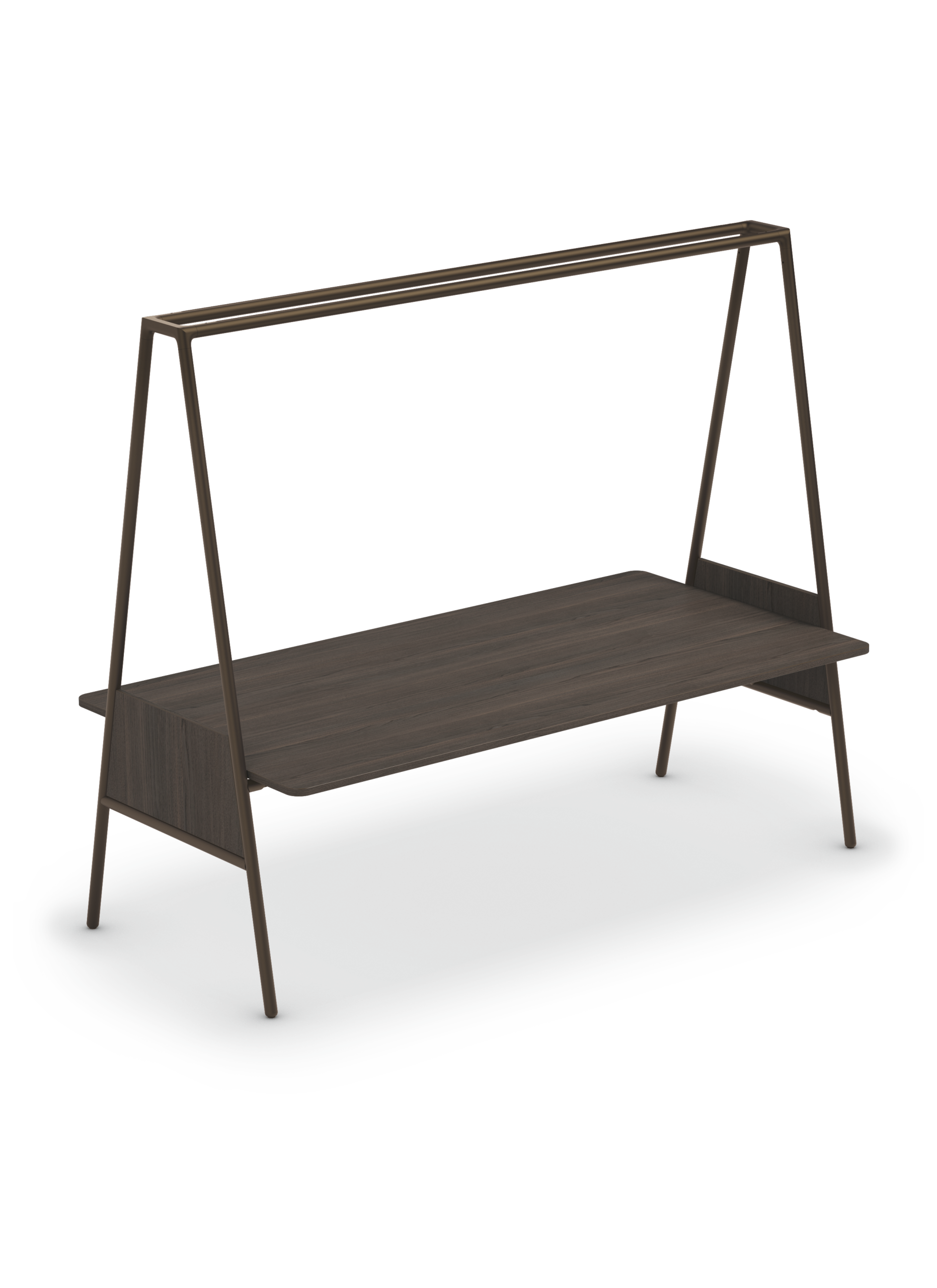 se:lab island – Hochtisch – Moderner Schreibtisch mit braunem Holzoberfläche und schlanken, schrägen Beinen. Minimalistisches Design.