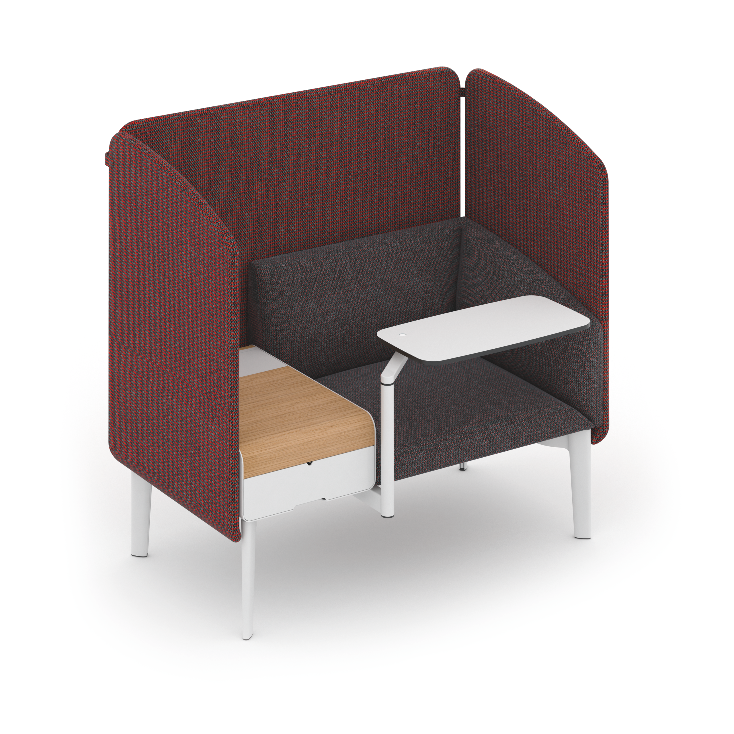 se:works – Sofa – Zweisitzer mit roten und grauen Polstern, seitlichen Trennwänden und einem kleinen Tisch aus Holz und Weißlack.