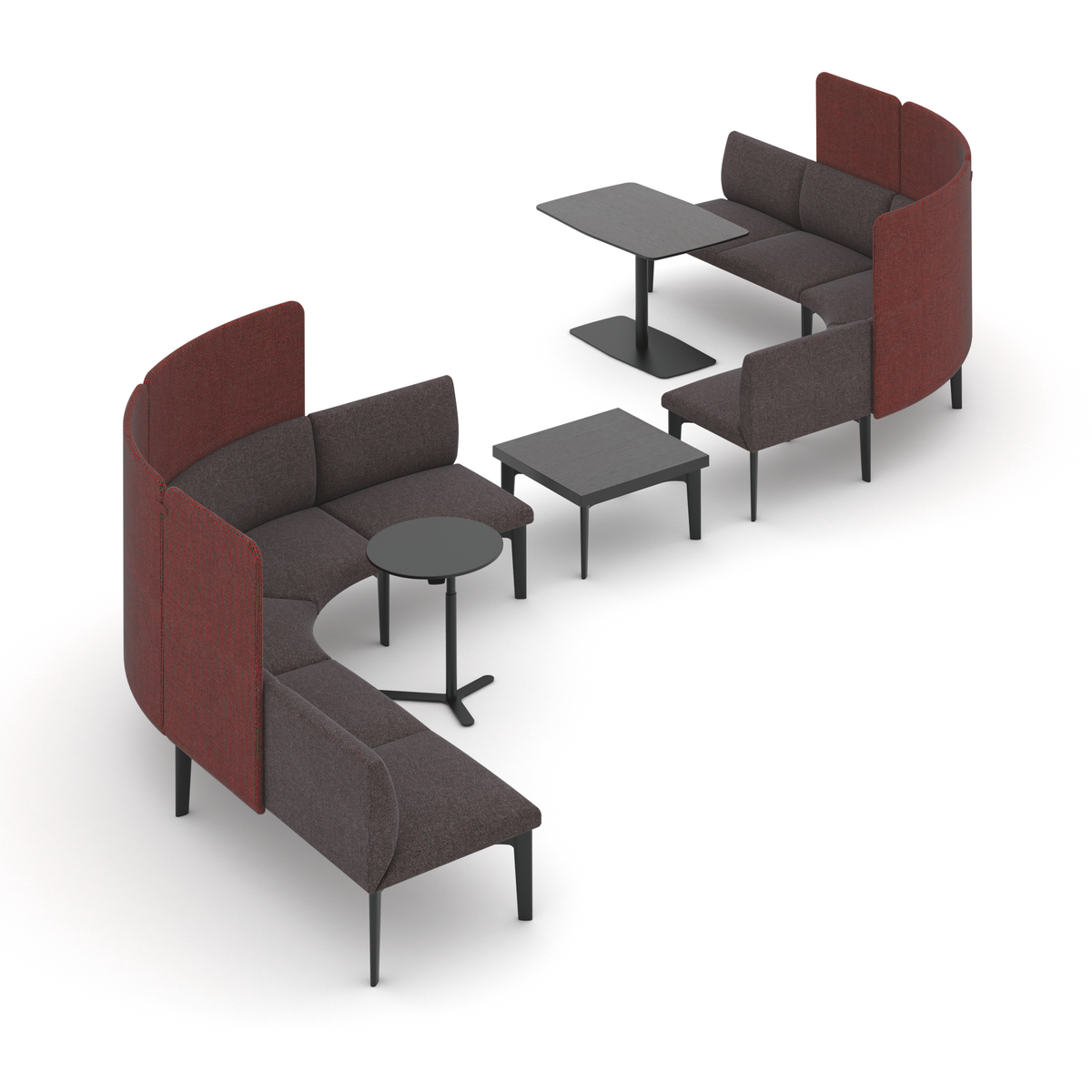 se:works – Sofa – Modulare Sitzgruppe mit roten und grauen Polstern, bestehend aus Sofaelementen und zwei Beistelltischen mit schwarzen Gestellen.