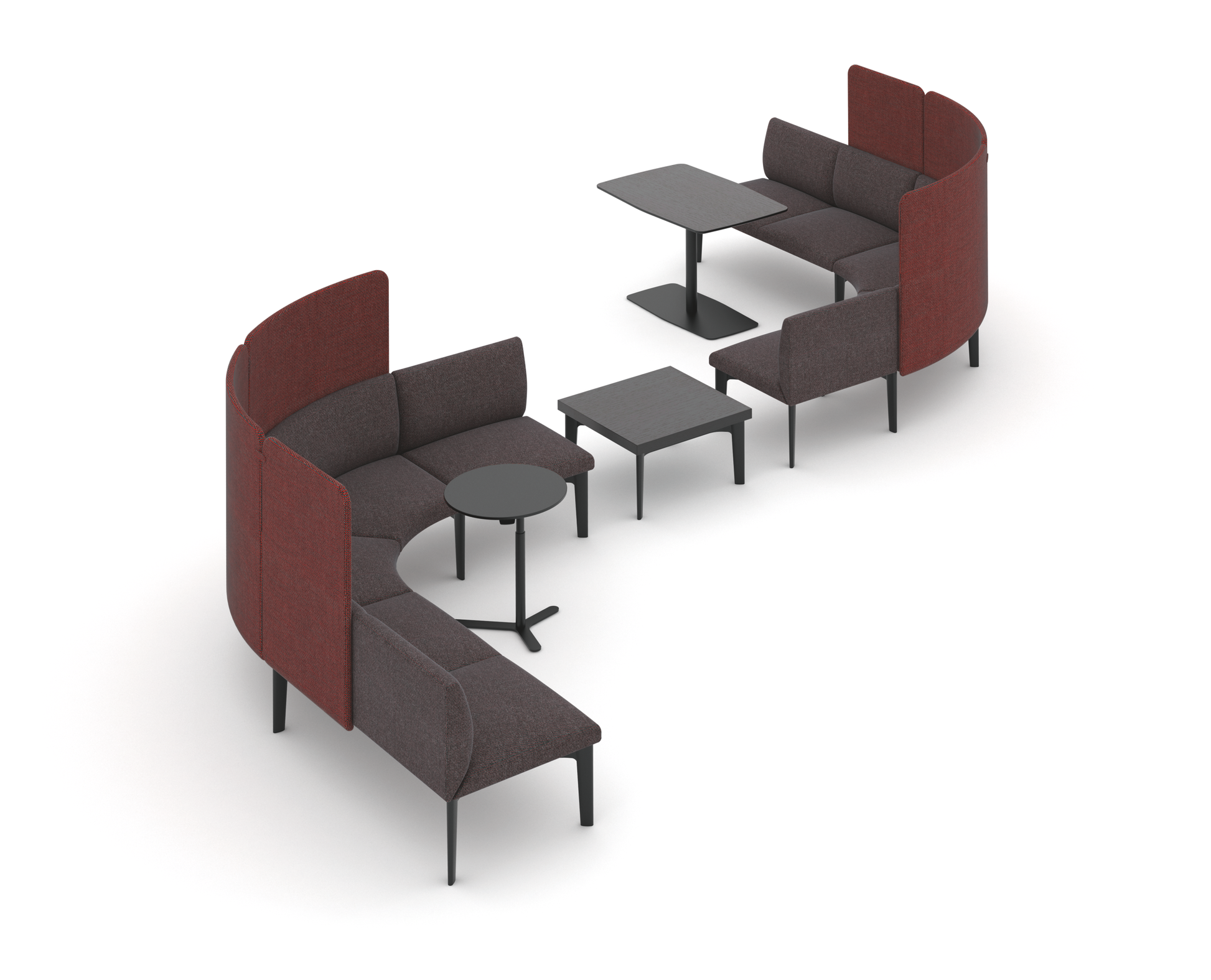 se:works – Sofa – Modulare Sitzgruppe mit roten und grauen Polstern, runde Tische in Schwarz, ideal für informelle Meetings.