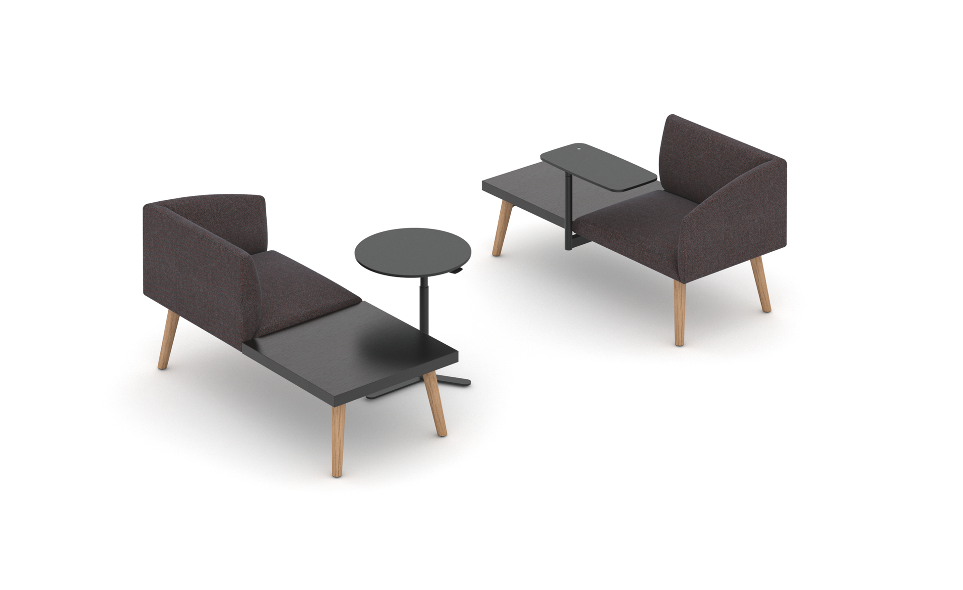 se:works – Sofa – Zwei gepolsterte Sessel in Dunkelgrau und ein runder Beistelltisch mit schwarzem Fuß in einer hellen Umgebung.