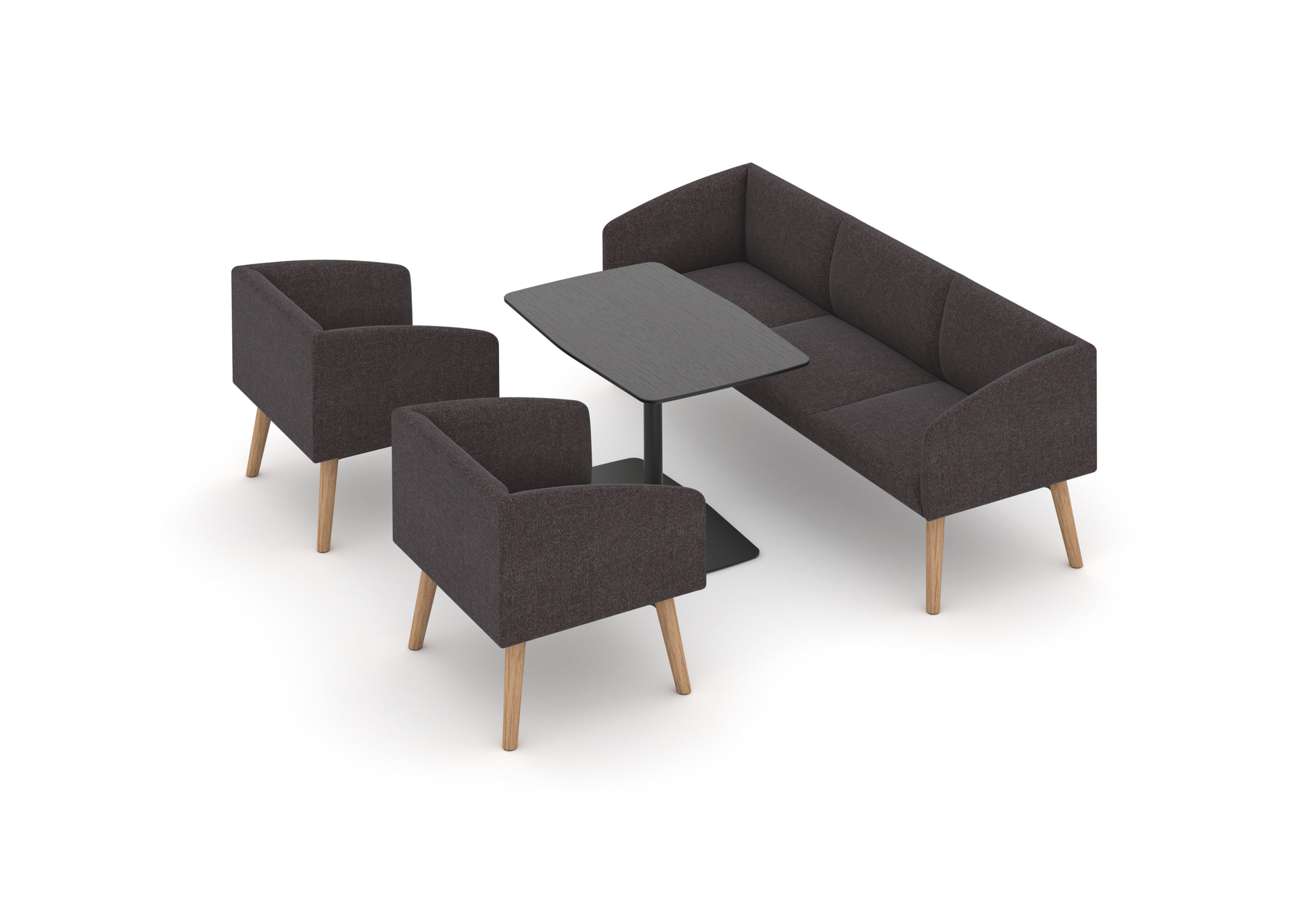 se:works – Sofa – Garnitur mit einem dreisitzigen Sofa und zwei Sessel in dunkelbraunem Stoff, begleitet von einem schwarzen Tisch mit Holzgestell.