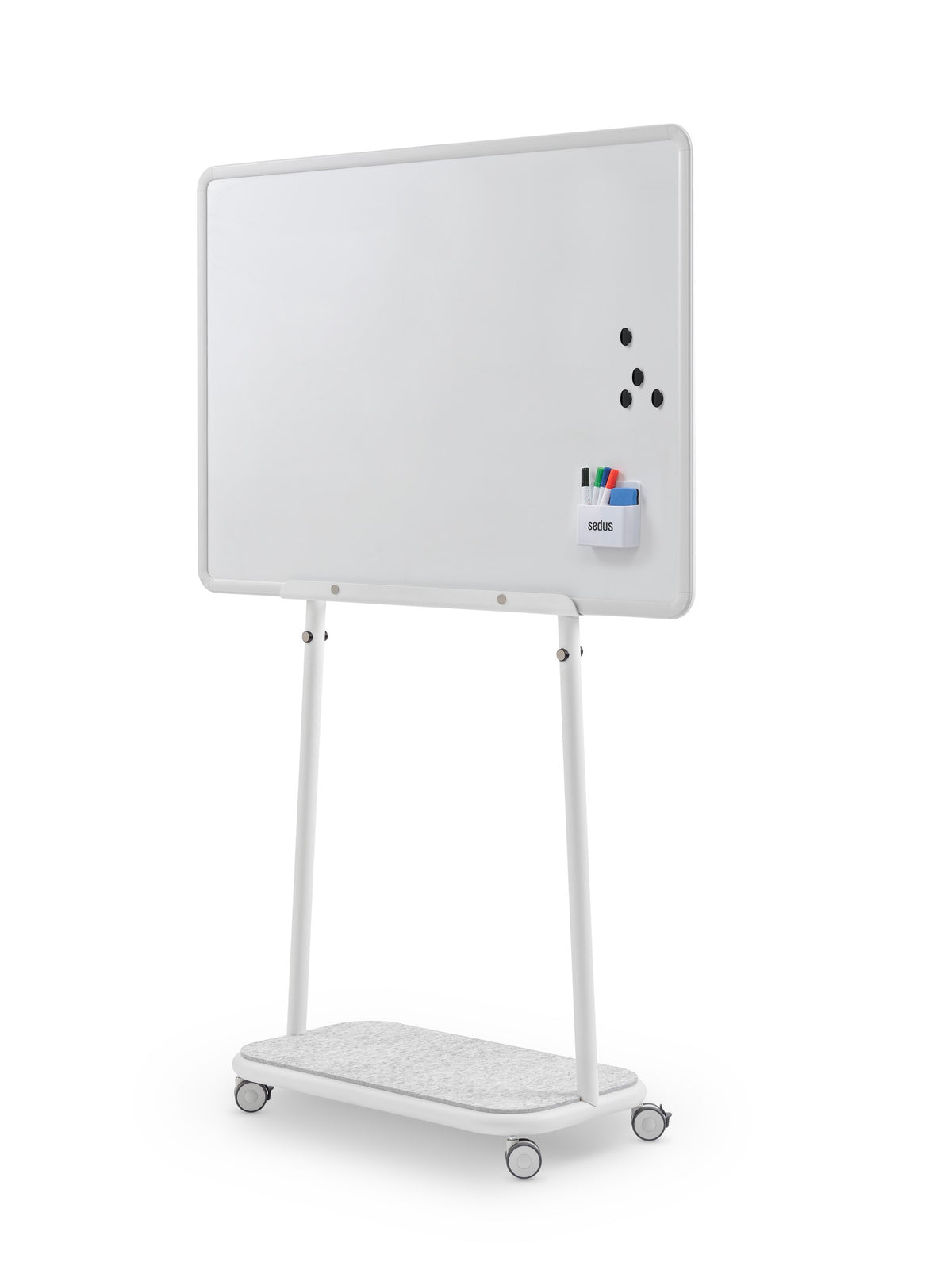 Mobile Staffelei se:lab rack von Sedus: Gestell in Weiss mit eingehängtem Whiteboard.