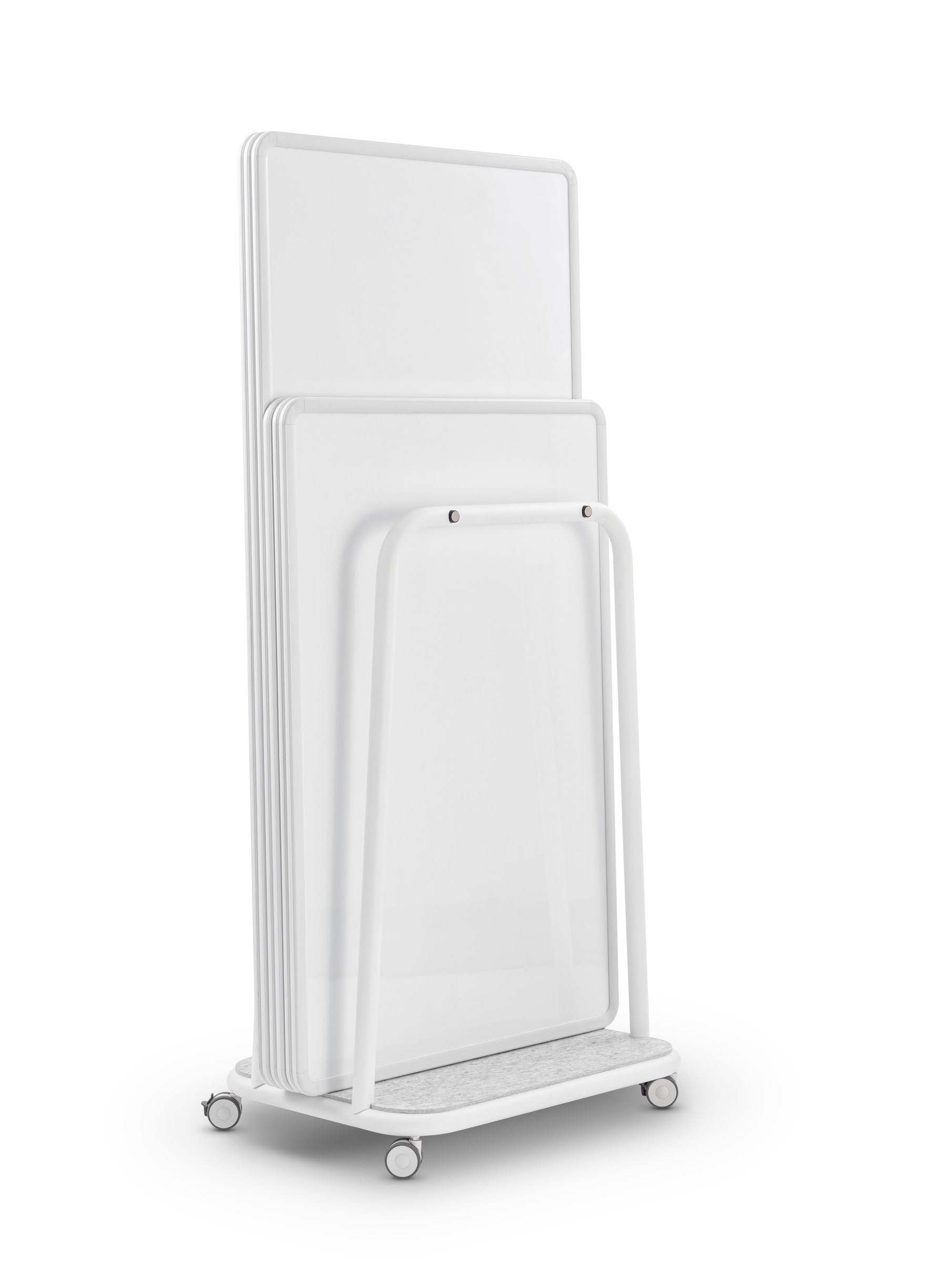 se:lab caddy – Transportwagen von Sedus – Wagen in Weiss mit zwei eingestellten Whiteboards.
