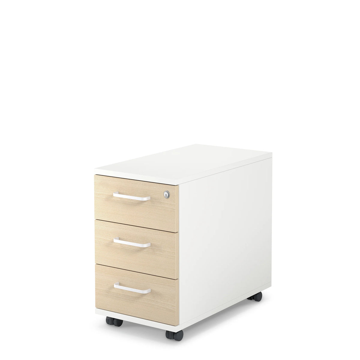 Stand- und Rollcontainer Schmalcontainer: Moderner Rollcontainer mit drei Schubladen in Weiss und Holzdekor, ausgestattet mit Rollen für Mobilität.