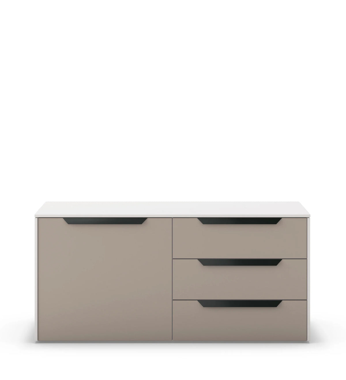 Sideboard se:vision storage: Schubladenkommode in Grau mit weisser Ablagefläche und drei Schubladen, schwarze Griffleisten.