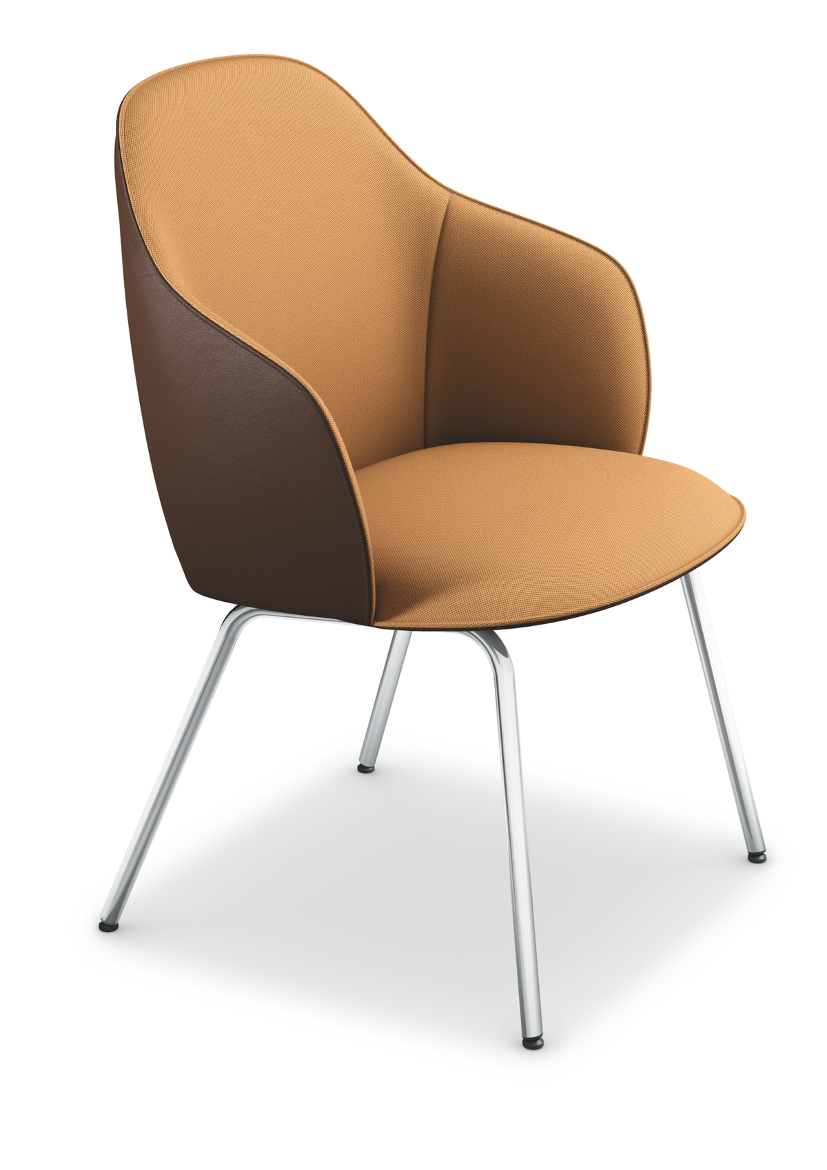 Lounge Stuhl se:café soft chair: Bürostuhl mit runder, gepolsterter Sitzfläche in orange und braunem Rückenlehne, verchromte Metallbeine.