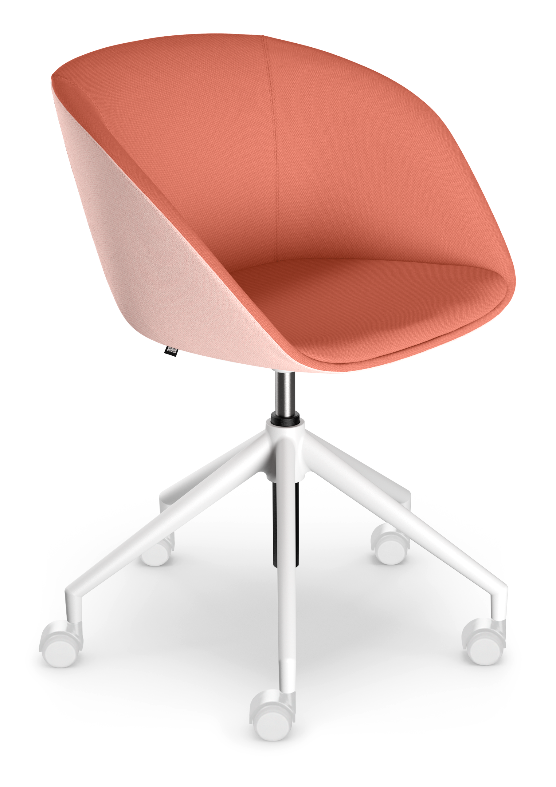 on spot cosy – Lounge Stuhl – Bürostuhl mit gepolstertem, bogenförmigem Sitz in Korallen- und Rosa-Tönen, verstellbare Sitzhöhe und weiße Fußkreuzbasis mit Rollen.