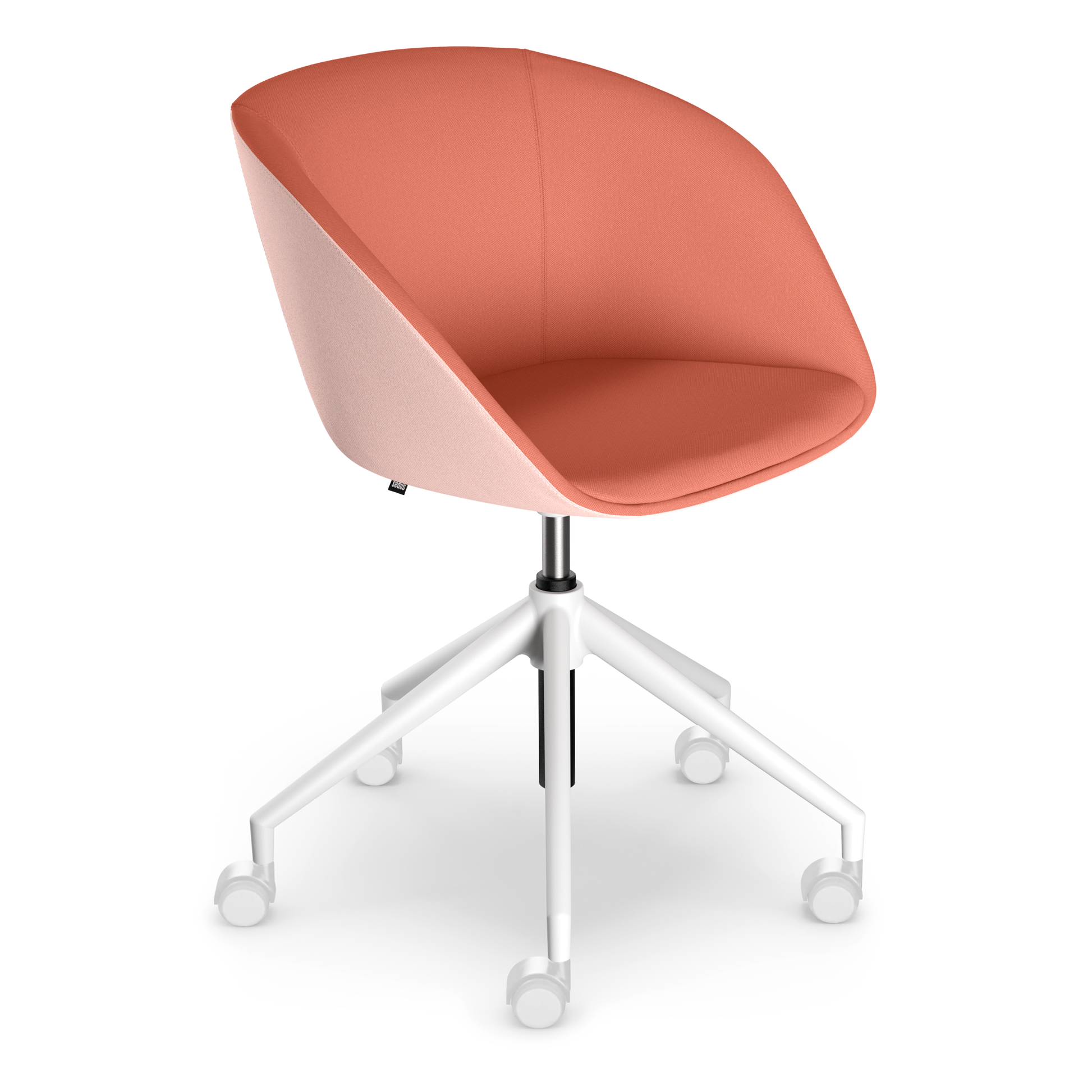on spot cosy – Lounge Stuhl – Bürostuhl mit gepolsterter, zweiseitiger Sitzfläche in Korall und Rosa sowie weißem Gestell mit Rollen.