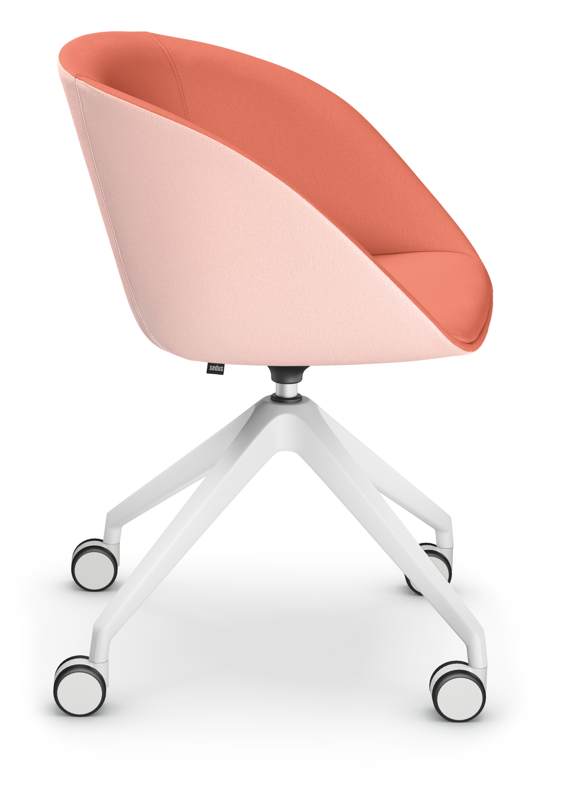 on spot cosy – Lounge Stuhl – Bürostuhl mit gepolsterter Rückenlehne in Koralle und Rosa, weißem Gestell und rollbaren Füßen.