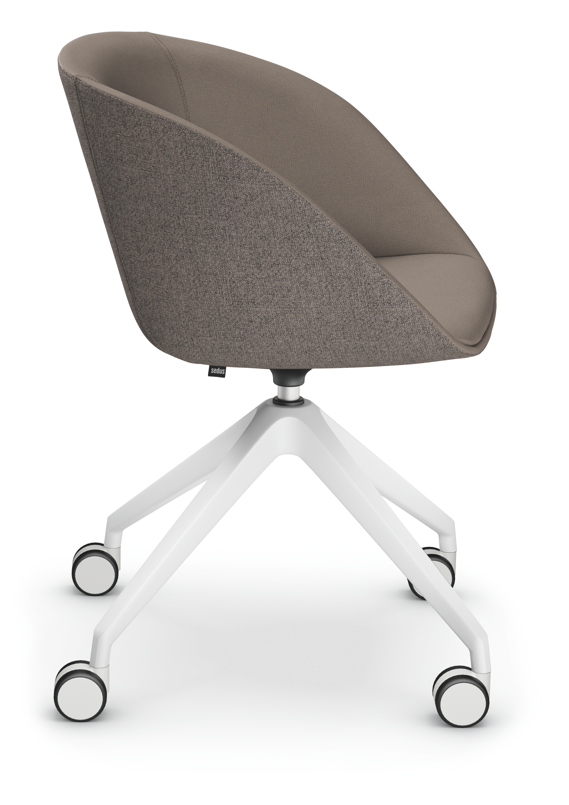 on spot cosy – Lounge Stuhl – Bürostuhl in Hellbraun mit stoffbezogenem Polster und weißem Gestell, ausgestattet mit fünf Rollen.