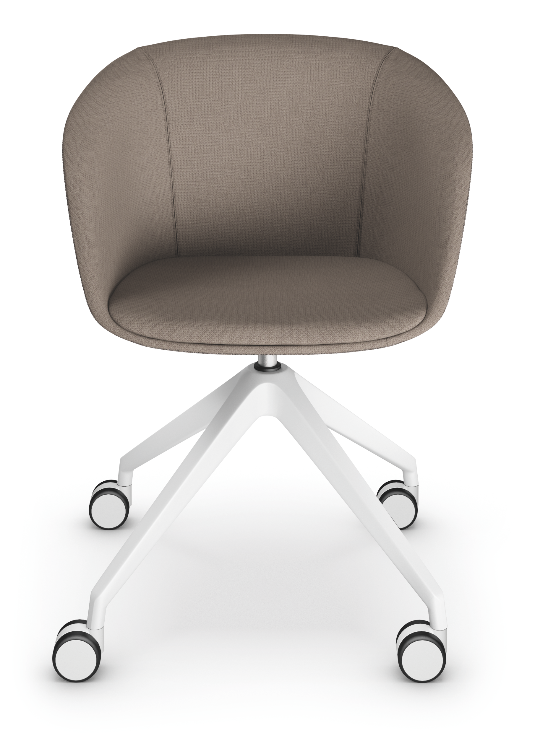 on spot cosy – Lounge Stuhl – Drehstuhl mit gepolsterter, hellbrauner Sitzfläche und weißem, fünfarmigen Gestell auf Rollen.