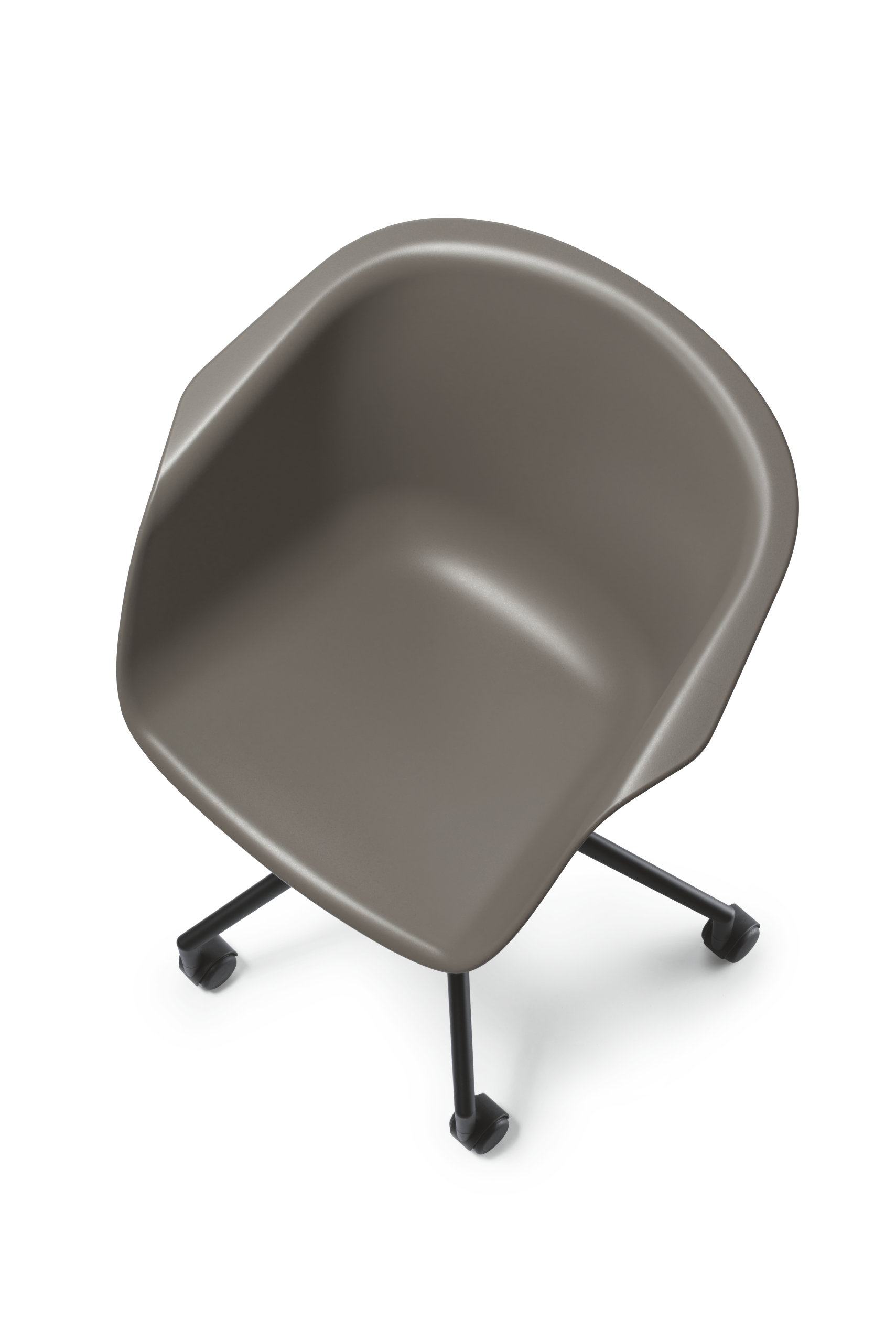 on spot – Lounge Stuhl – Grauer Bürostuhl mit runder Rückenlehne und schwarzem Gestell auf Rollen.