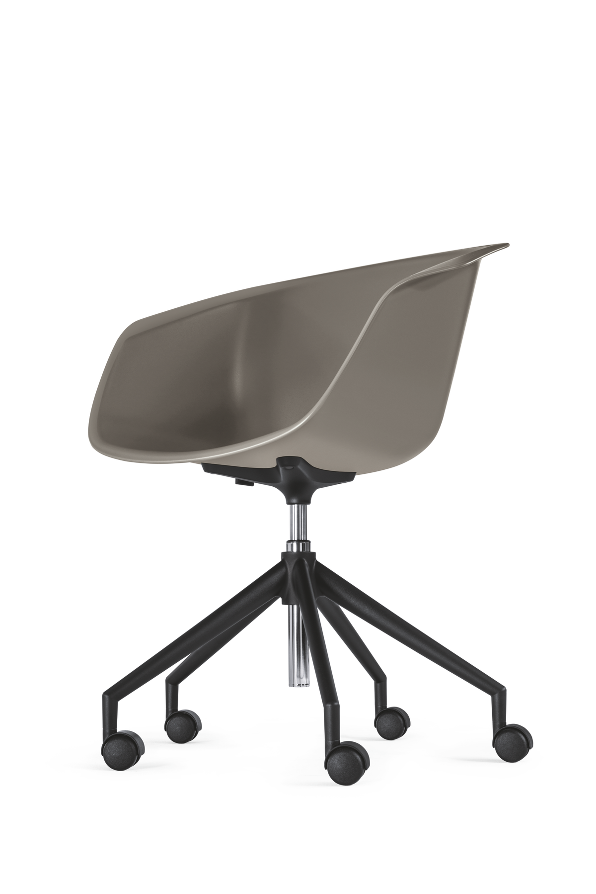 on spot – Lounge Stuhl – Drehstuhl mit schalenförmiger Sitzfläche in Grau und schwarzem Gestell auf fünf Rollen.