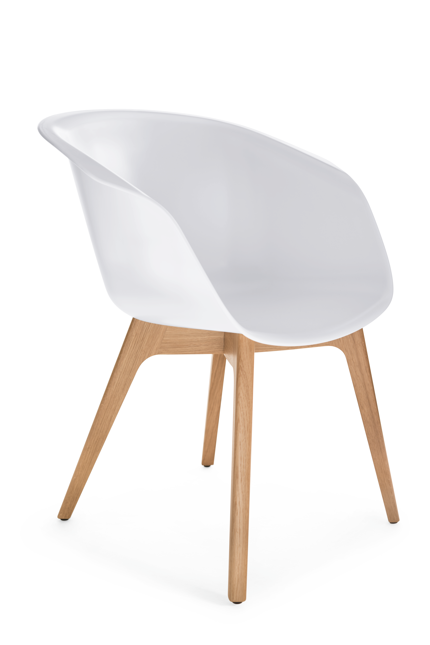 on spot – Lounge Stuhl – Bürostuhl mit einer weißen Kunststoffschale und vier Beinen aus hellem Holz.