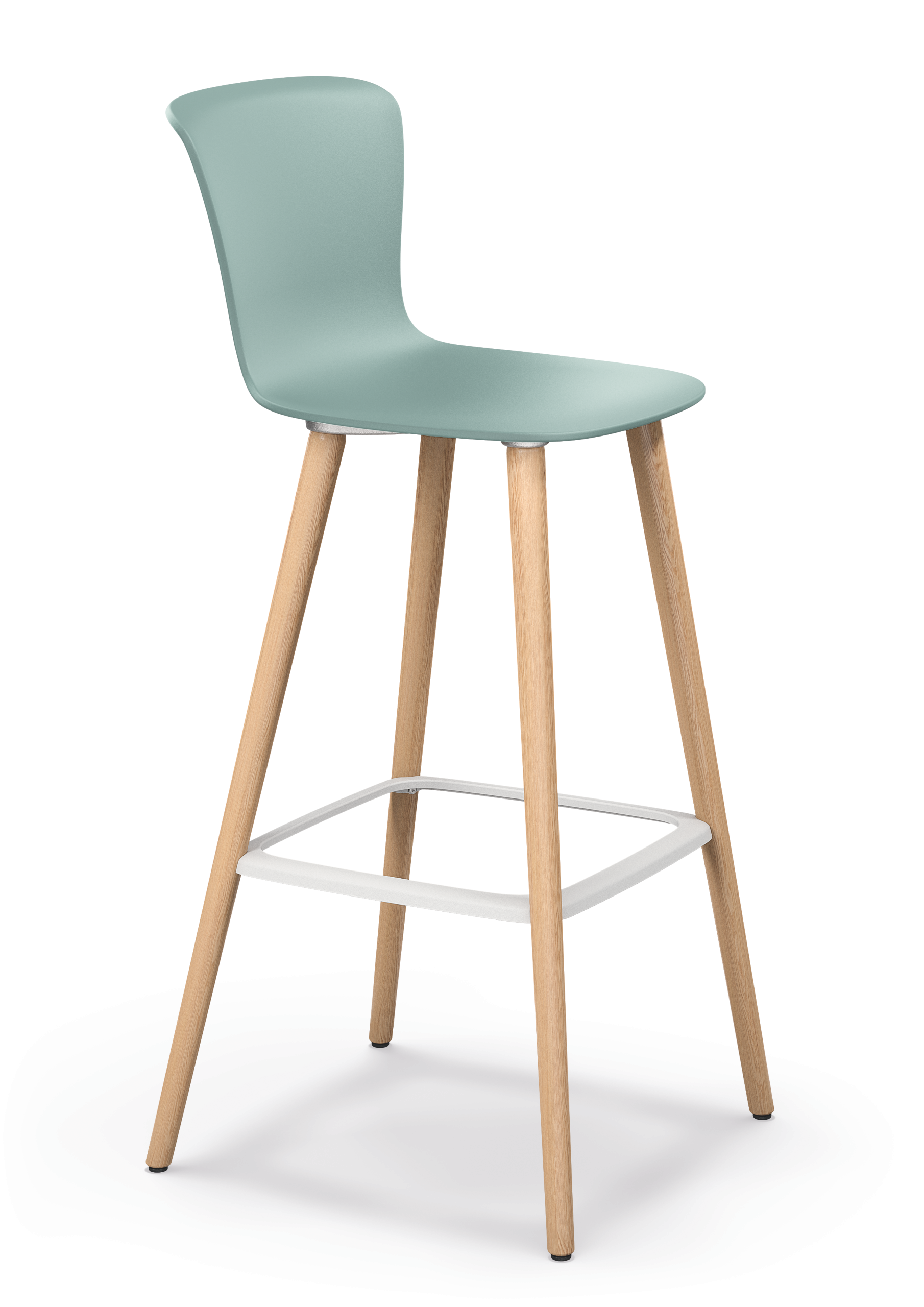 se:spot stool – Barhocker – Hochstuhl mit mintgrüner Sitzfläche aus Kunststoff und vier Holzbeinen, ausgestattet mit Fußablage.