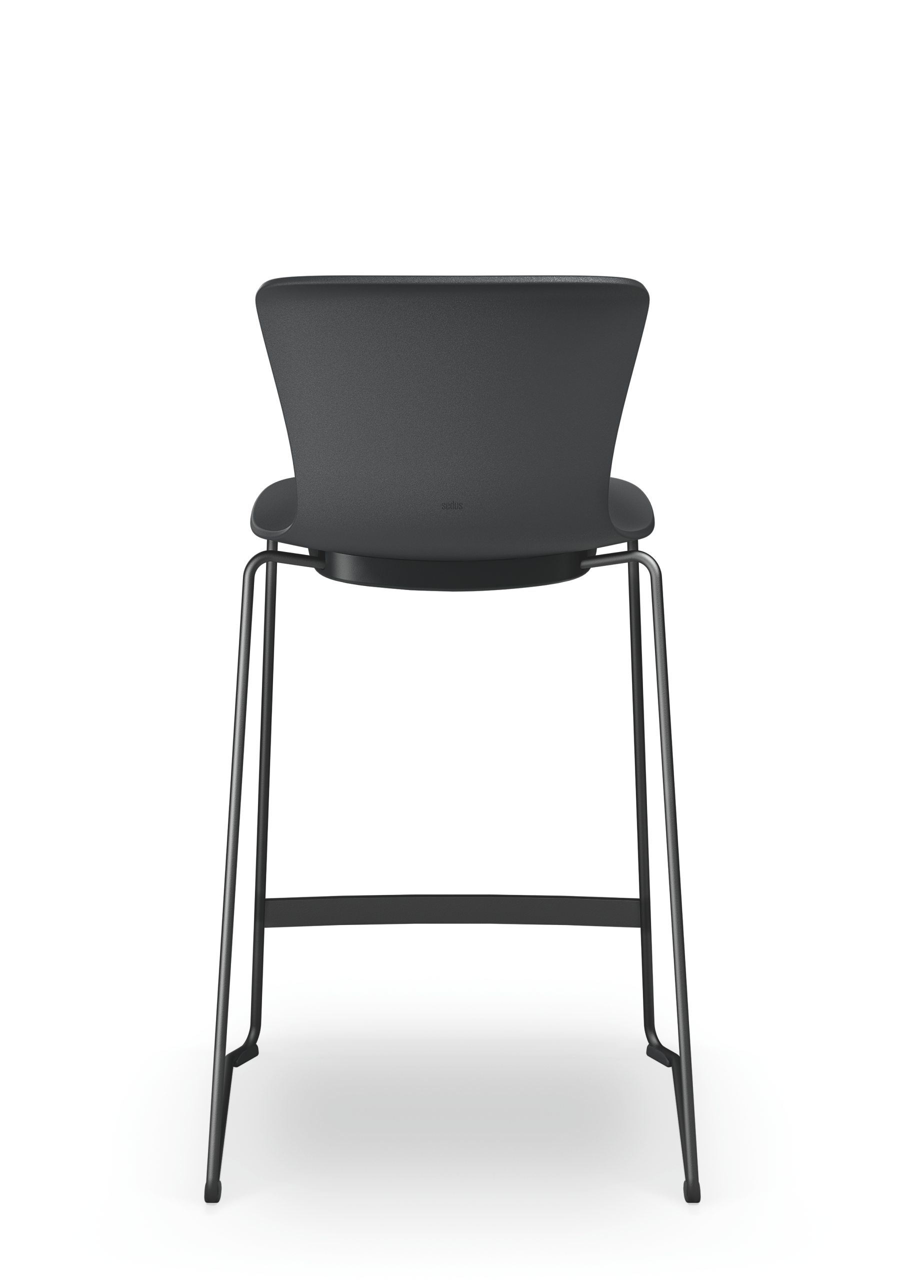 se:spot stool – Barhocker – Schwarzer Stuhl mit geschwungenem Rücken und schlankem Metallgestell, von hinten betrachtet, auf weißem Hintergrund.