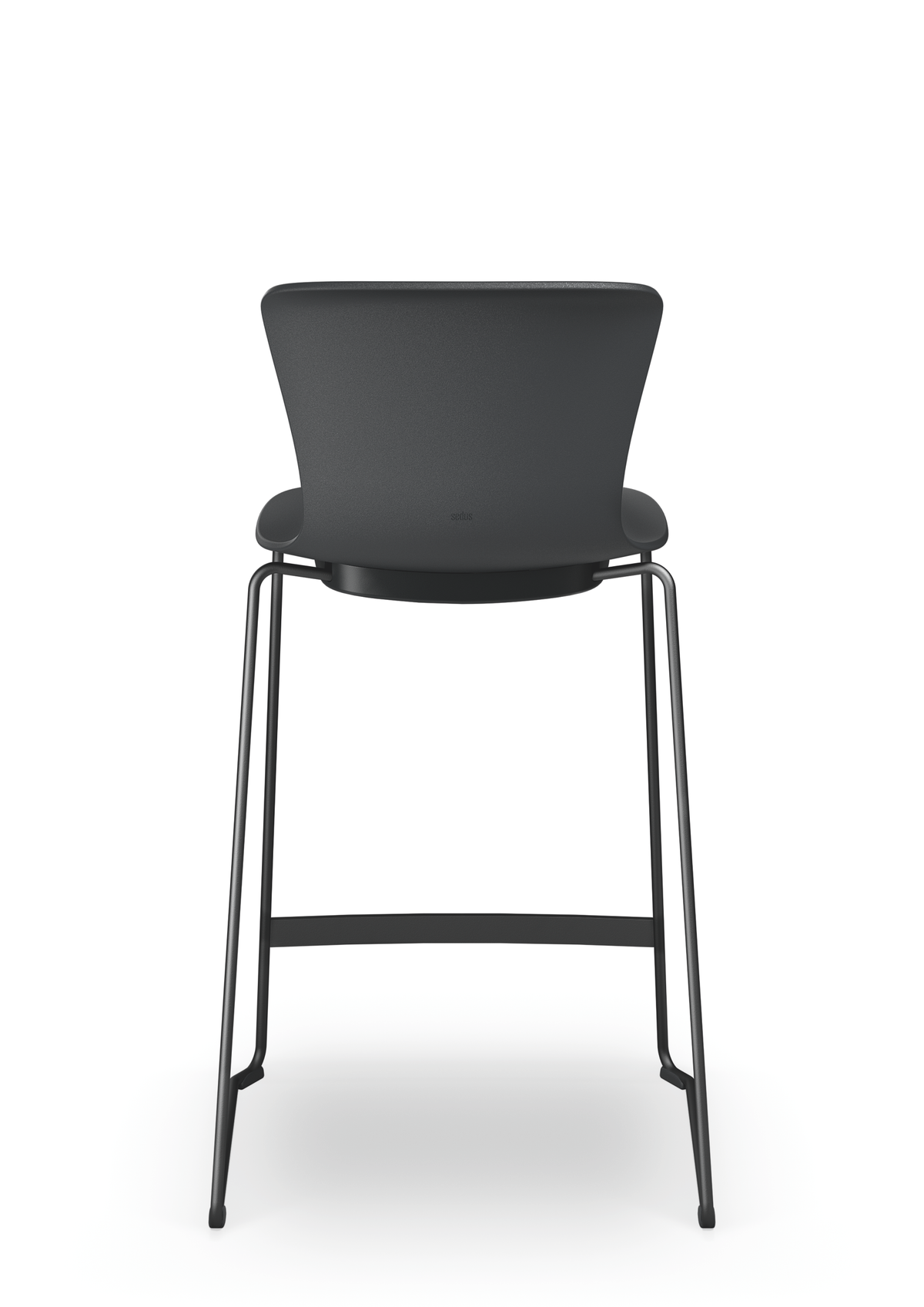 se:spot stool – Barhocker – Schwarzer Stuhl mit geschwungenem Rücken und schlankem Metallgestell, von hinten betrachtet, auf weissem Hintergrund.