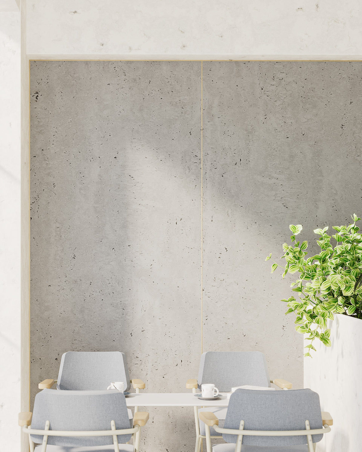 Wandverkleidung Travertine von Impact Acoustic in einer Cafeteria mit Tischen und Stühlen