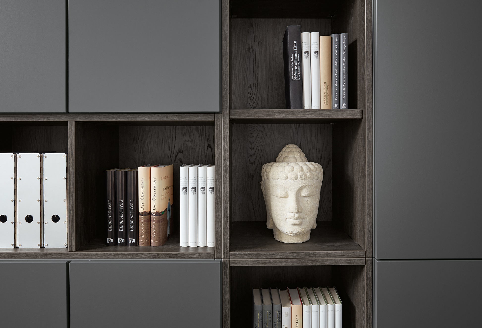 Clear Büroregal |  Aktenregal konfigurieren | Nahaufnahme Clear Schrank (Lavagrau, Eiche Barrique) 