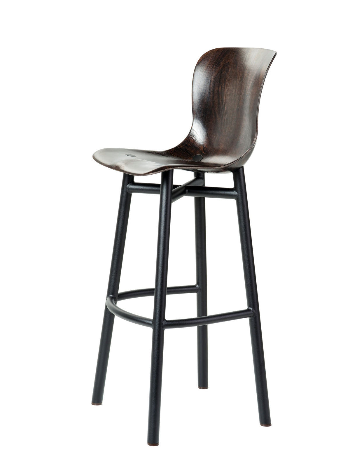 Wendela Barstool | Barhocker – Barhocker – Hochstuhl mit schwarzem Metallgestell und brauner Holzsitzfläche. Eignet sich für Stehtische oder Barbereiche.